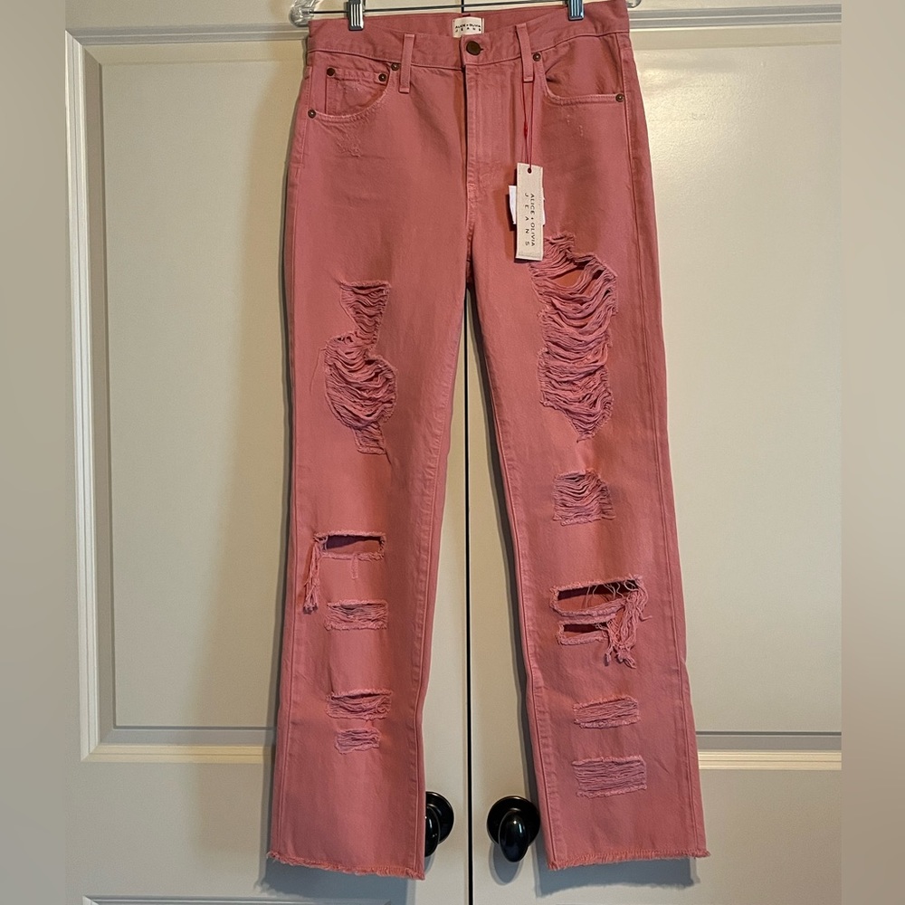 ALICE + OLIVIA - Double Ripped Jeans in Rose/Peach, 27 Waist